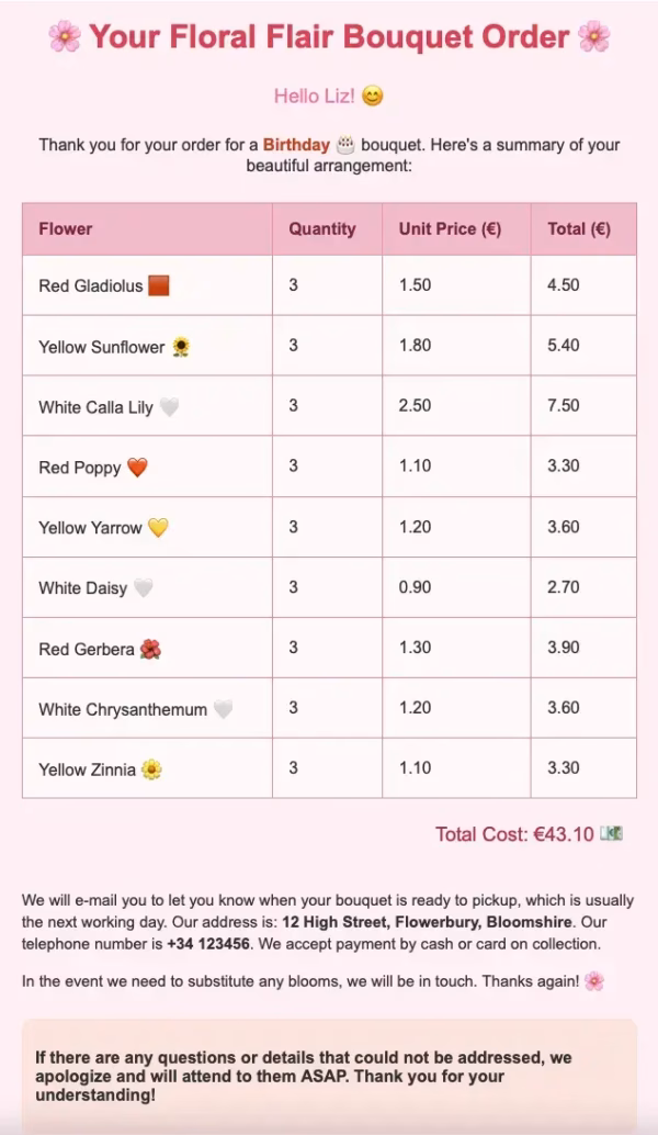Floral Flair assistant example e-mail to client 1