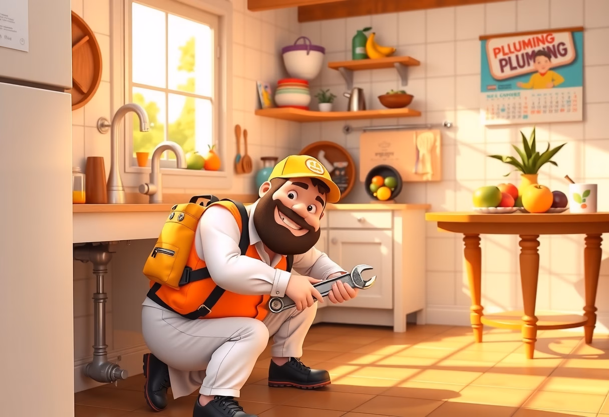 pixar style image of plumber working in a kitchen